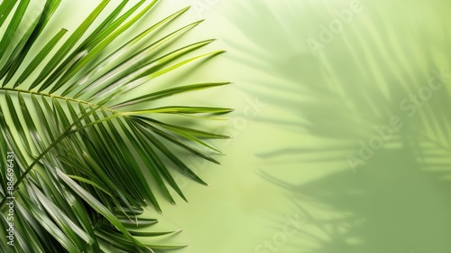 Palm leaf on green tropical background with flat lay viewing angle and space for text © LukaszDesign