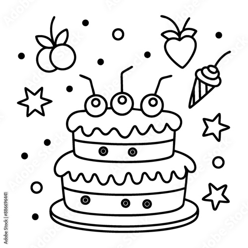 A fanciful, multi-layered cake coloring page in black and white lines.