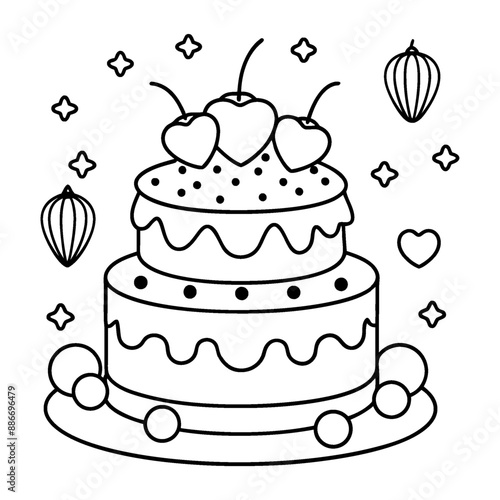 A fanciful, multi-layered cake coloring page in black and white lines.