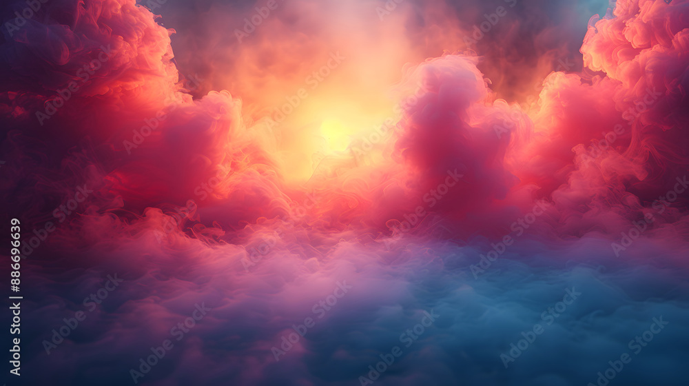 Fototapeta premium A stunning sunset with vibrant colors illuminating a dramatic cloudscape, creating an ethereal and surreal atmosphere