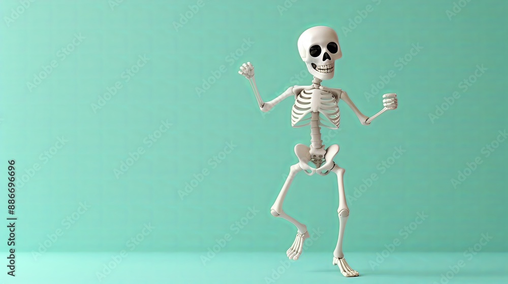 Joyful Skeleton Dancing on Pastel Green Background Joyful Skeleton Dancing on Pastel Green Background