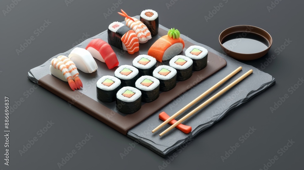 Exquisite Sushi Feast Vibrant Rolls and Fresh Sashimi on Stone Slate with Soy Sauce and Chopsticks Japanese Cuisine Delight Exquisite Sushi Feast Vibrant Rolls and Fresh Sashimi on Stone Slate with Soy Sauce and Chopsticks Japanese Cuisine Delight