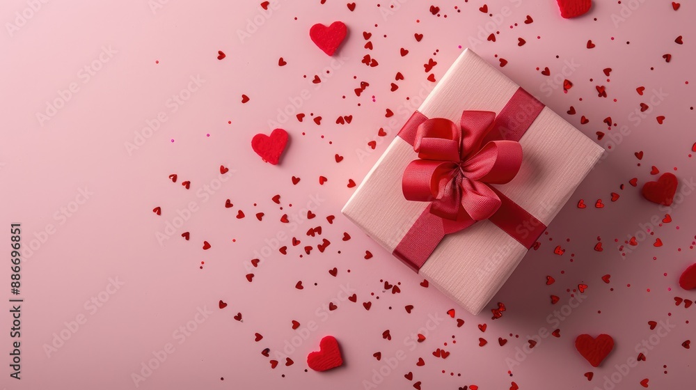 Pink gift box with red bow on pink background filled with red hearts Aerial view Ample space for text Pink gift box with red bow on pink background filled with red hearts Aerial view Ample space for text