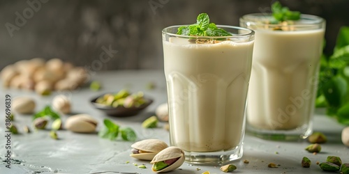 Pistachio Milk in a Glass on a White Table A Vegan-Friendly Option. Concept Pistachio Milk, Plant-Based Beverages, Vegan Drinks, Dairy Alternatives, Nut Milk photo