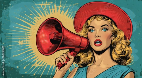 Pop art girl with megaphone announces sale.