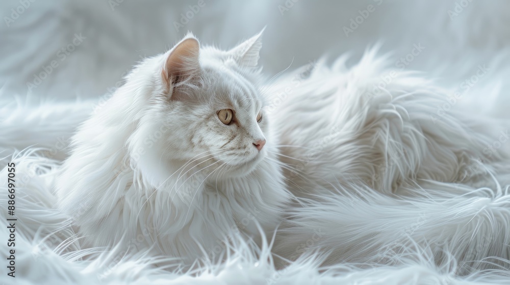 Fototapeta premium Portrait of a plump elderly white cat on a snowy fur