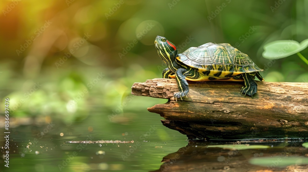Red Eared Slider Turtle Relaxing on Driftwood in a Lake Ideal Background for Outdoor Activities Red Eared Slider Turtle Relaxing on Driftwood in a Lake Ideal Background for Outdoor Activities