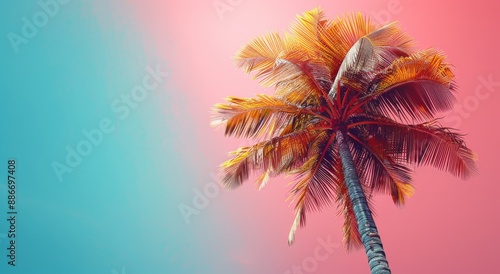Surreal pop art blue palm tree on coral pink backdrop.