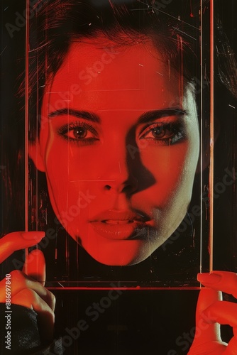 Woman holding transparent rectangle in 1990s Hollywood glamour style.