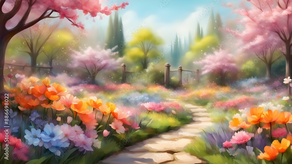 Fototapeta premium Colorful and vibrant digital painting of a garden path with a variety of flowers and trees