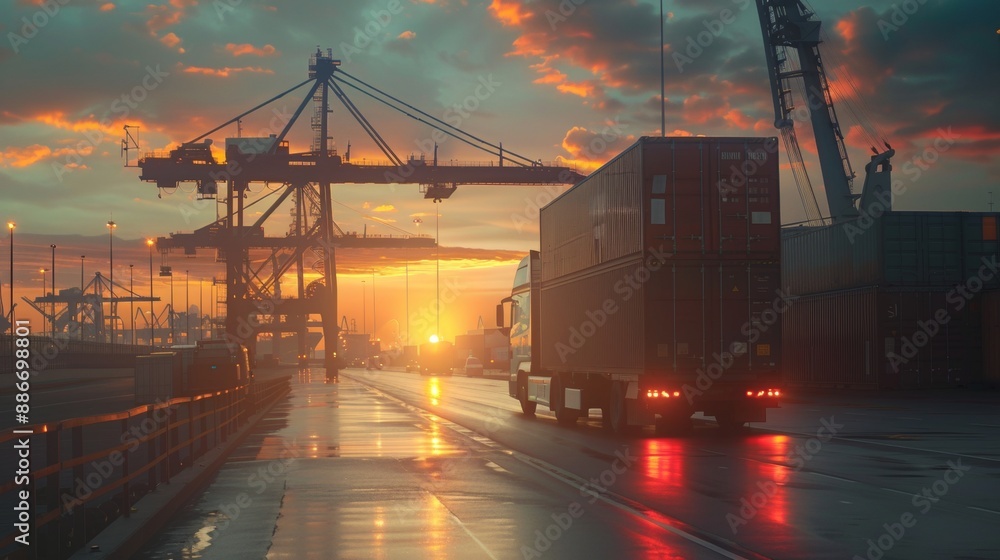 Container truck in ship port for business Logistics and transportation of Container Cargo ship and Cargo plane with working crane bridge in shipyard at sunrise, logistic import export and transport Container truck in ship port for business Logistics and transportation of Container Cargo ship and Cargo plane with working crane bridge in shipyard at sunrise, logistic import export and transport