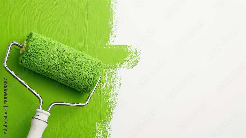 Obraz premium Green paint roller against white wall in close up