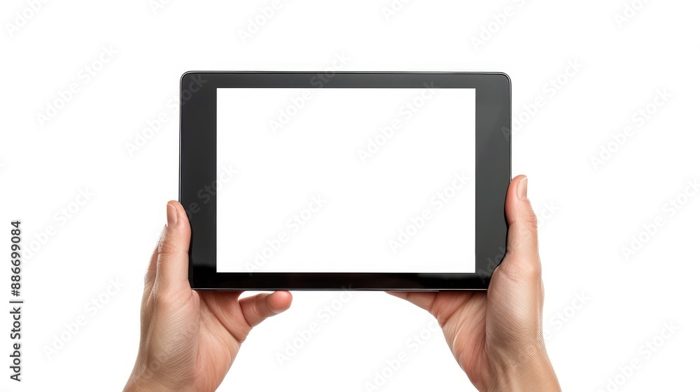 Hand holding tablet with empty screen on white backdrop Hand holding tablet with empty screen on white backdrop
