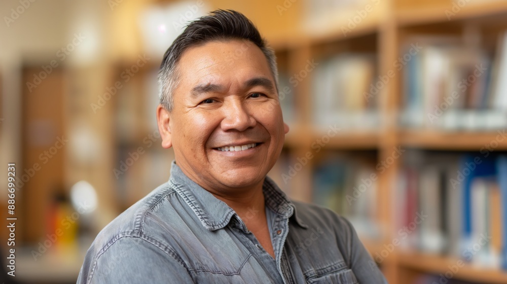 Smiling Middle Aged Native American Man in Denim Shirt at Library Perfect for Diversity Campaigns, Education Promotions, Community Engagement. Smiling Middle Aged Native American Man in Denim Shirt at Library Perfect for Diversity Campaigns, Education Promotions, Community Engagement.
