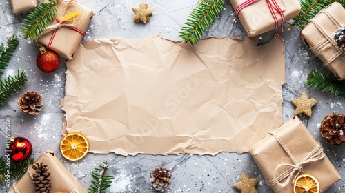Holiday decorations on blank paper with wishlist goals concept Overhead view with space for text Horizontal orientation