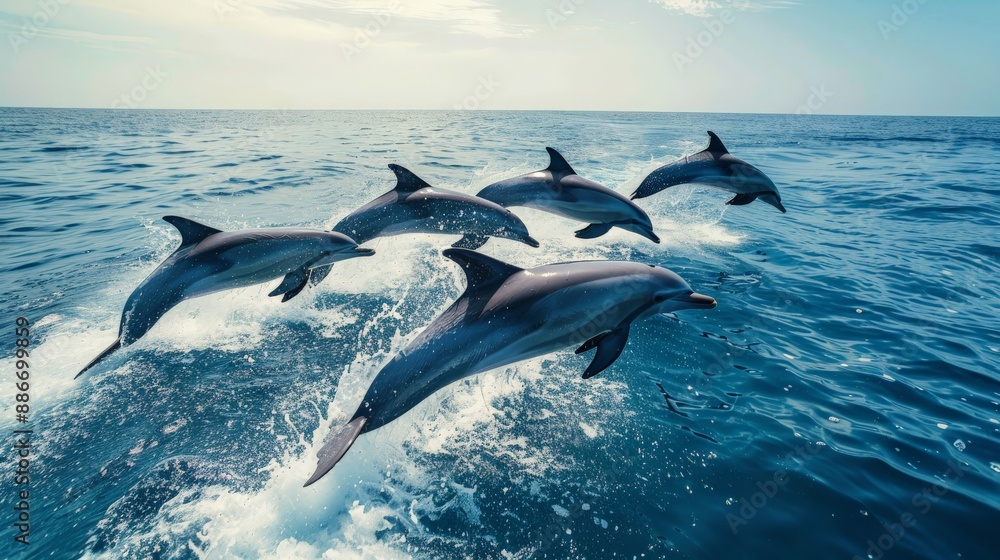 Fototapeta premium A group of dolphins leaping out of the ocean, with clear blue water and a bright sky