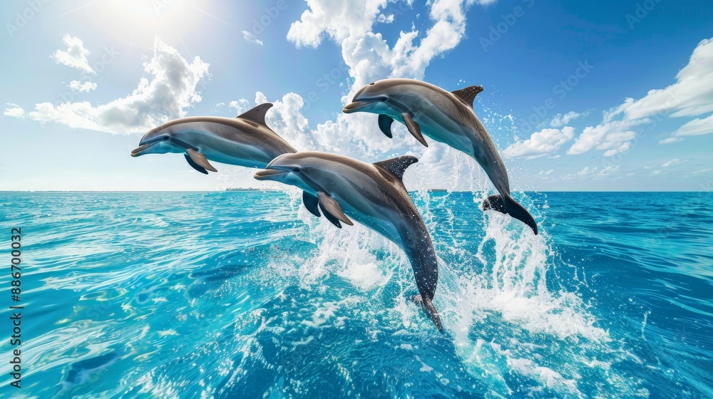 Fototapeta premium A group of dolphins leaping out of the ocean, with clear blue water and a bright sky