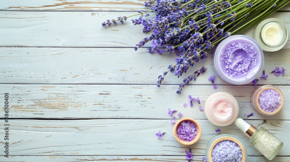 Lavender flower beauty products on light wooden table background Lavender flower beauty products on light wooden table background