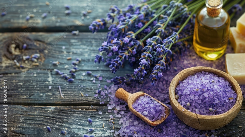 Lavender spa with sea salt body scrub essential oils flowers soap on wooden background Herbal cosmetics for relaxation and beauty Lavender spa with sea salt body scrub essential oils flowers soap on wooden background Herbal cosmetics for relaxation and beauty
