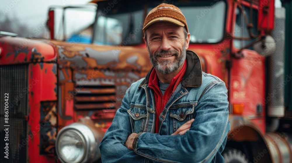 Portrait of a rugged truck driver standing in front of a vintage Portrait of a rugged truck driver standing in front of a vintage