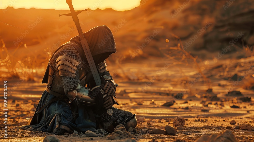 Dying Knight in Desert, Sword in Hand, Reflecting on Family Memories While Giving Up Due to Thirst Dying Knight in Desert, Sword in Hand, Reflecting on Family Memories While Giving Up Due to Thirst
