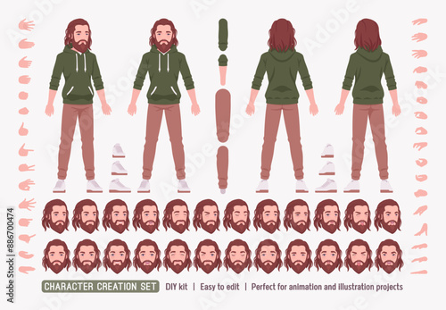 Long haired bearded handsome man in hoodie casual outfit DIY character creation set, male adult body figure parts. Head, leg, hand gestures, different emotions, construction kit. Vector illustration
