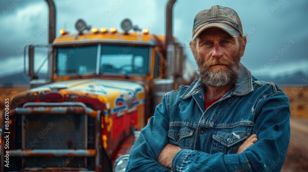 Portrait of a rugged truck driver standing in front of a vintage Portrait of a rugged truck driver standing in front of a vintage