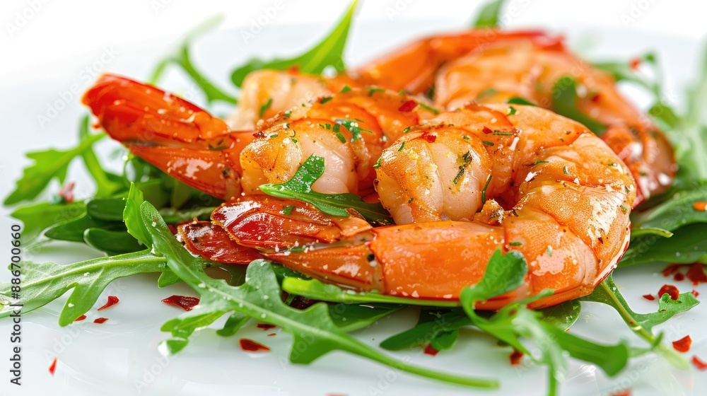 Macro shot of spicy King Prawns on rocket leaves on reflective white background Macro shot of spicy King Prawns on rocket leaves on reflective white background