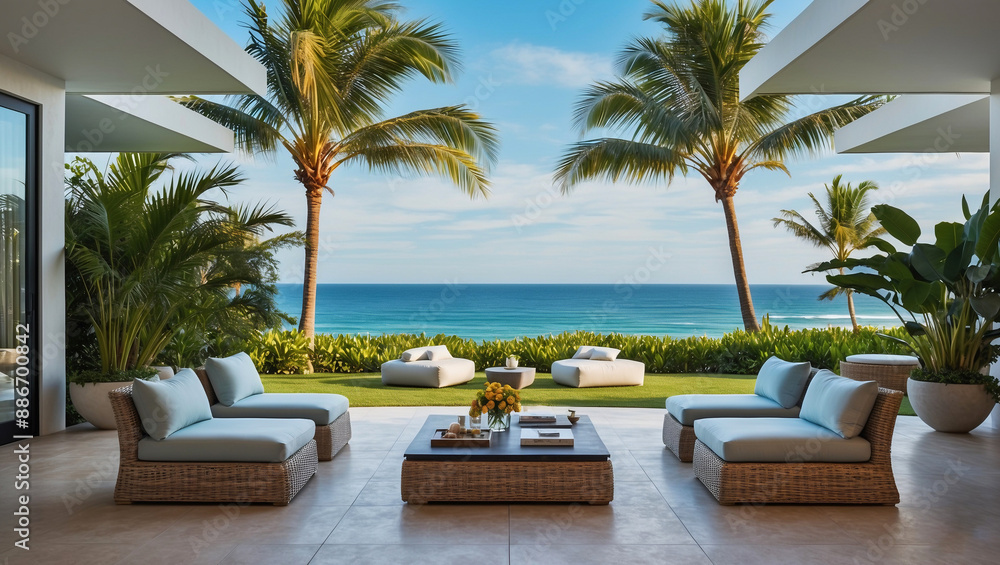 Fototapeta premium Tropical patio with wicker furniture, ocean view, table, lounge chairs, palm trees, lush greenery in background