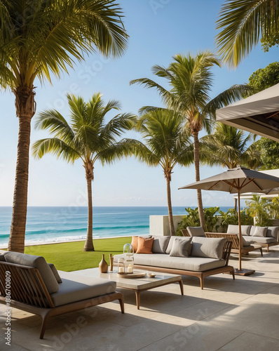 Patio lounge area with comfortable seating and view of ocean  surrounded by palm trees on sunny afternoon