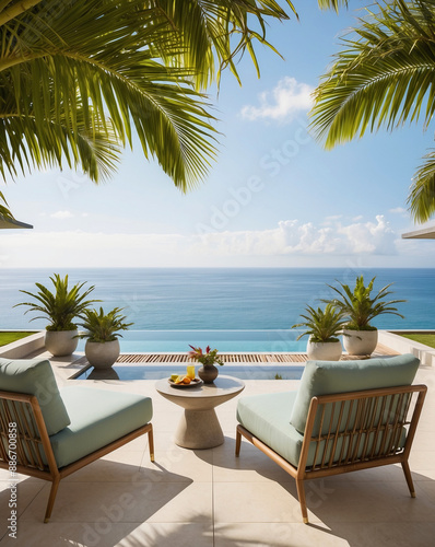Two chairs on terrace with table, overlooking ocean with clear blue water. Palm trees frame view © yevhen89
