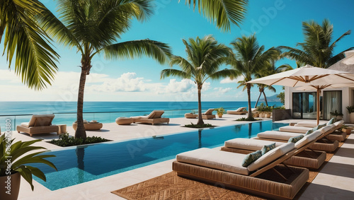 Pristine pool with lounge chairs sits in front of tropical villa overlooking vast ocean. Palm trees sway in breeze