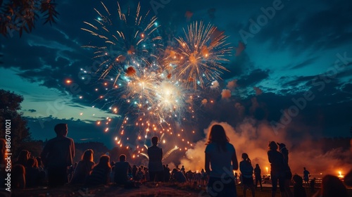 A fireworks display at a community event, with families and friends watching the colorful explosions in the night sky