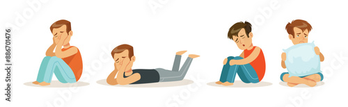 Sad Child Character Cry and Feel Unhappy Vector Set