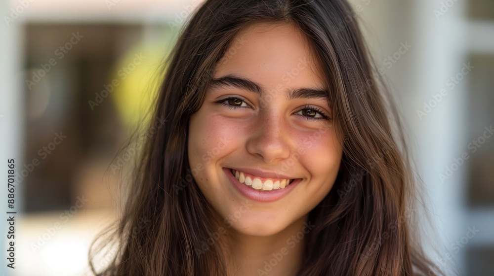 Smiling Teenage Girl with Long Dark Hair, Closeup Portrait, Outdoor Setting, Beautiful Natural Look Smiling Teenage Girl with Long Dark Hair, Closeup Portrait, Outdoor Setting, Beautiful Natural Look