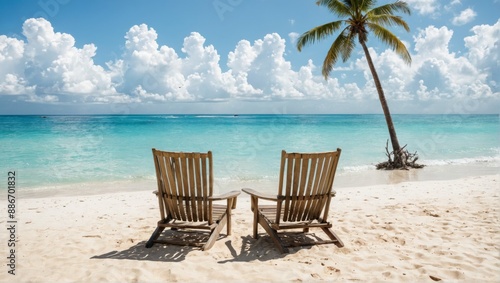 Fototapeta Naklejka Na Ścianę i Meble -  beautiful tropical beach two wooden chairs sand are