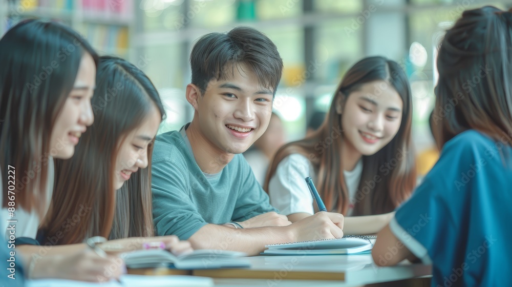 Happy Asian University Students Studying Together in Library or Classroom Happy Asian University Students Studying Together in Library or Classroom