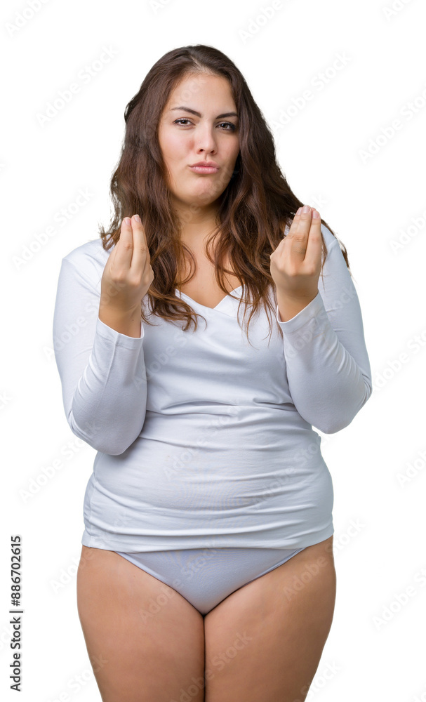 Beautiful plus size young overwight woman wearing white underwear over isolated background Doing money gesture with hand, asking for salary payment, millionaire business Beautiful plus size young overwight woman wearing white underwear over isolated background Doing money gesture with hand, asking for salary payment, millionaire business