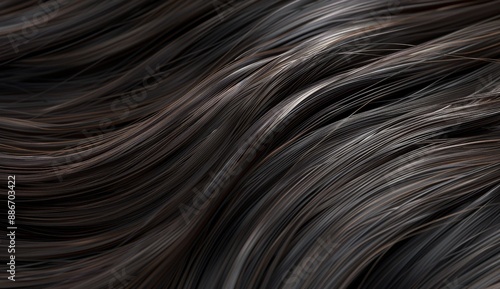 Close-up of dark brown black hair, showcasing the texture and waves Hair salon concept. Healthy shiny style.