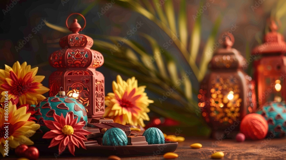 Fototapeta premium Festive Ramadan Decorations with Chocolate and Lanterns.
