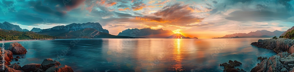 Stunning Sunset Over Mountains and Calm Sea Stunning Sunset Over Mountains and Calm Sea