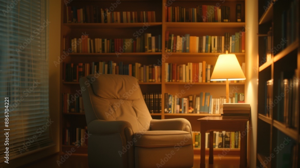 A cozy reading chair illuminated by a warm lamp, surrounded by bookshelves filled with books, creating a perfect reading atmosphere.
A cozy reading chair illuminated by a warm lamp, surrounded by bookshelves filled with books, creating a perfect reading atmosphere.