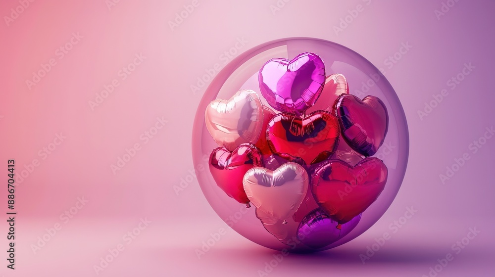 The image of a transparent circle sphere filled half of sphere by colorful foil balloons The image of a transparent circle sphere filled half of sphere by colorful foil balloons