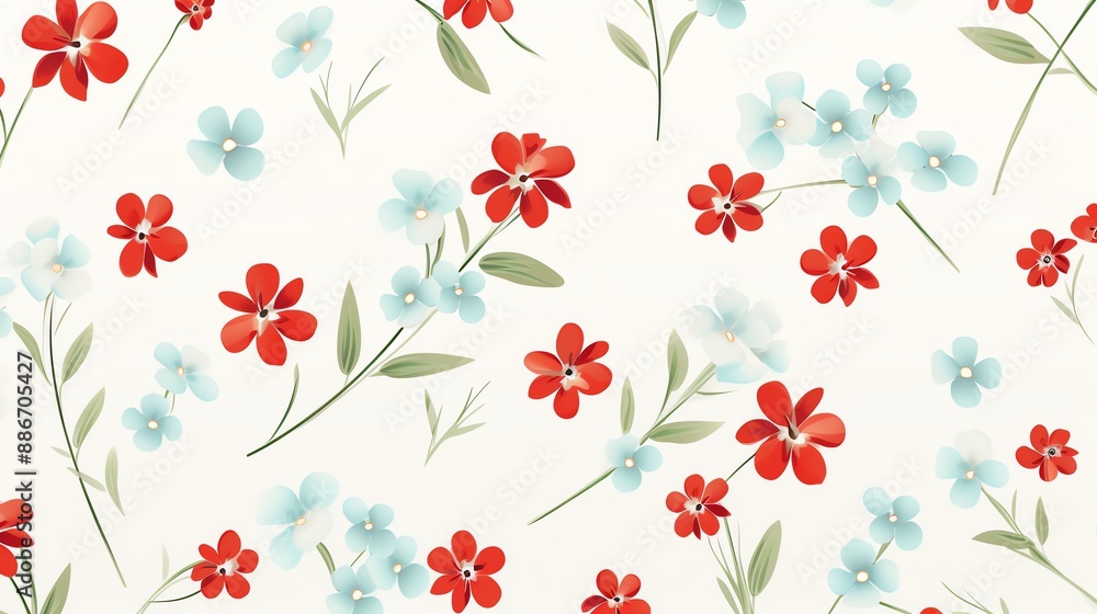 Seamless pattern with red and blue flowers on white background. Seamless pattern with red and blue flowers on white background.