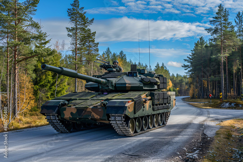 a military tank driving down a road photo