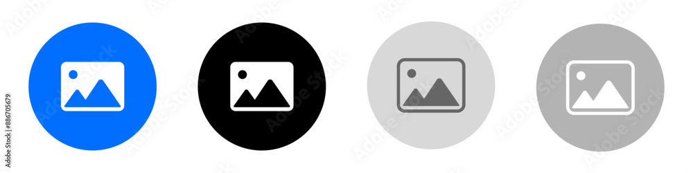Gallery round icon. Image sign. Photo symbol. Camera pictogram. Picture illustration. Grey, blue and black button. Gallery round icon. Image sign. Photo symbol. Camera pictogram. Picture illustration. Grey, blue and black button.
