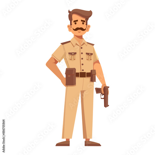 Indian police officer in uniform standing with gun. Portrait of an Indian cop with gun. 