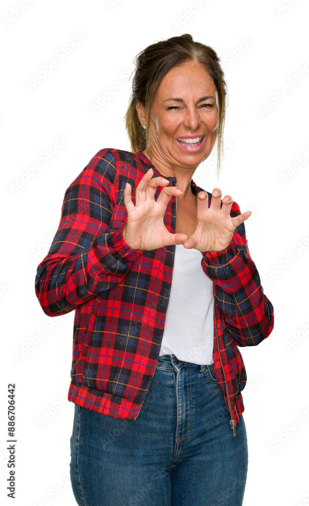 Middle age adult woman wearing casual jacket over isolated background disgusted expression, displeased and fearful doing disgust face because aversion reaction. With hands raised. Annoying concept. Middle age adult woman wearing casual jacket over isolated background disgusted expression, displeased and fearful doing disgust face because aversion reaction. With hands raised. Annoying concept.