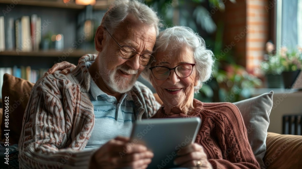 Senior couple laughing and using tablet computer at home. Senior couple laughing and using tablet computer at home.