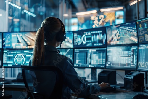 Security specialist working at control center with many computer screens